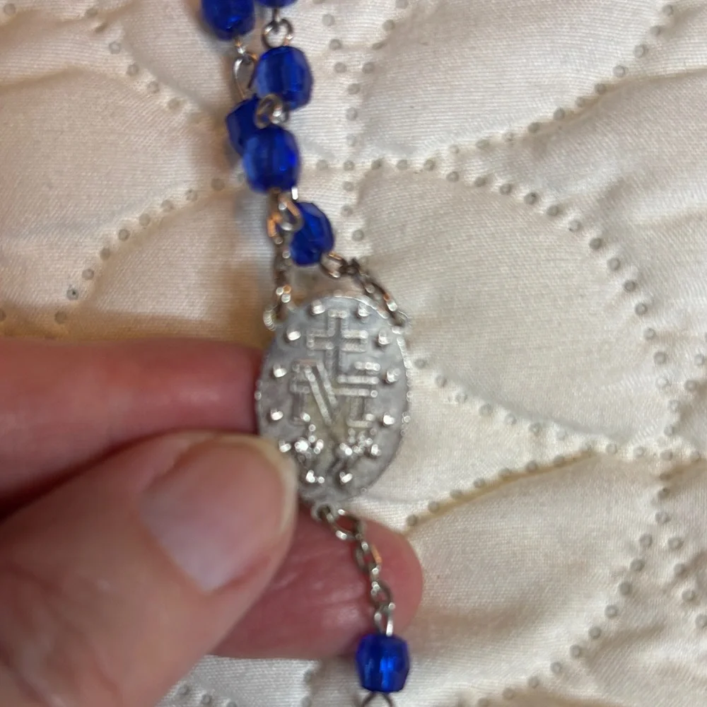 INRI Blue Beaded Rosary Necklace with Silver Accents